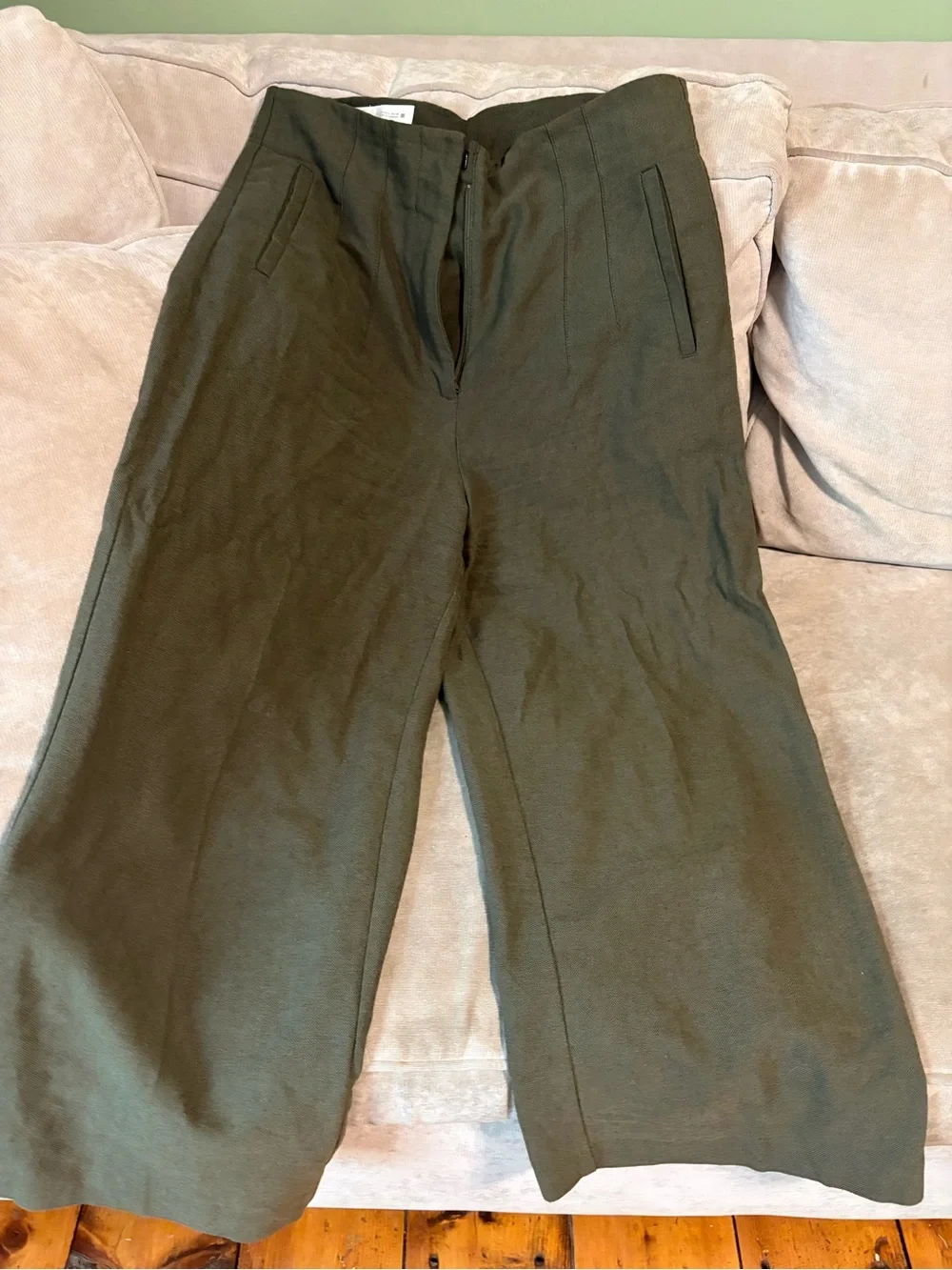 Zara High Waisted Linen Blend Olive Wide-Leg Cropped Trousers